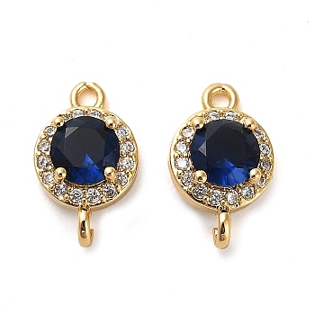 Brass Pave Cubic Zirconia Connector Charms, Flat Round Links, Real 18K Gold Plated, Midnight Blue, 14.5x9x5mm, Hole: 1.5mm