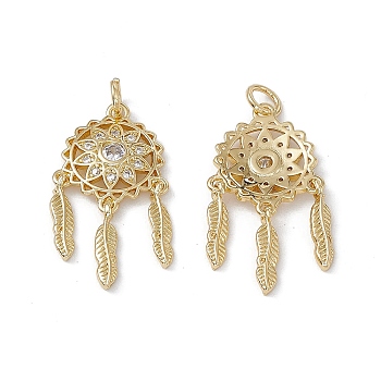 Brass Clear Cubic Zirconia Pendants, with Jump Ring, Woven Net/Web with Feather Charms, Real 18K Gold Plated, 27x15x2mm, Hole: 3mm