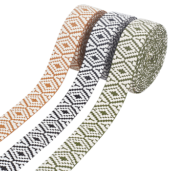 WADORN 15 Yards 3 Colors Ethnic Style Cotton Ribbon, Flat Jacquard Ribbon with Rhombus Pattern, Mixed Color, 39x2mm, 5 yards/color
