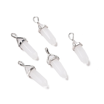 Natural White Jade Pendants, Faceted, with Platinum Tone Brass Findings, Lead free & Cadmium Free, Bullet, 27~30x9~10x7~8mm, Hole: 4x3mm
