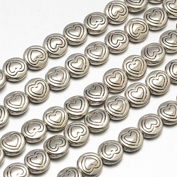 Tibetan Style Flat Round with Heart Alloy Bead Strands, Lead Free & Cadmium Free & Nickel Free, Antique Silver, 6.5x3mm, Hole: 1mm, about 33pcs/strand, 8 inch