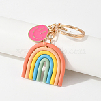 Smiling FaceAlloy Enamel & Rainbow Handmade Polymer Clay Keychain, with Alloy Clasp and Rings, Hot Pink, 100mm(KEYC-YW00230-01)