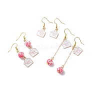 3 Pairs 3 Style Pink Alloy Enamel Charms & Resin Beads Dangle Earrings, Valentine Theme Brass Jewelry for Women, Golden, Envelope Pattern, 32~47mm, Pin: 0.5mm(EJEW-JE05030-05)
