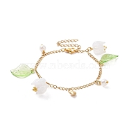 Acrylic Leaf & Flower & Plastic Pearl Charm Bracelet, Golden 304 Stainless Steel Jewelry for Woman, Golden, 6-7/8 inch(17.6cm)(BJEW-JB09077)