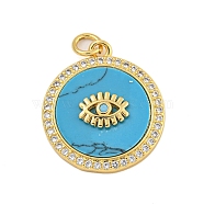 Rack Plating Brass Clear Cubic Zirconia Eye Pendants, Synthetic Turquoise Flat Round Charms with Jump Rings, Long-Lasting Plated,  Cadmium Free & Lead Free, Real 18K Gold Plated, 22x19.5x4.5mm, Hole: 3mm(KK-C074-51G)