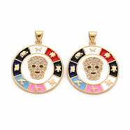 Brass Micro Pave Clear Cubic Zirconia Pendants, with Enamel, Cadmium Free & Nickel Free & Lead Free, Flat Round with Skull, Real 16K Gold Plated, 27.5x25x2.5mm, Hole: 5x3mm(ZIRC-S067-059-NR)
