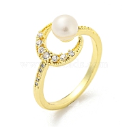 Crescent Moon Brass Micro Pave Cubic Zirconia Open Cuff Rings, with Natural Pearl, Real 14K Gold Plated, US Size 7 3/4(17.9mm)(RJEW-H220-41G)
