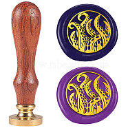 Golden Tone Solid Brass Wax Seal Stamp with Retro Wood Handle, for Envelopes Invitations, Gift Card, Octopus, 83x22mm, Stamps: 25x14.5mm(AJEW-WH0208-1279)