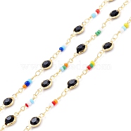 Handmade Brass Glass Flat Round Link Chains, with Glass Seed Beads, Long-Lasting Plated, Soldered, with Spool, Golden, Colorful, 13.5x2mm, 12.5x6.5x3mm, about 32.8 Feet(10m)/roll(CHC-D031-07G)