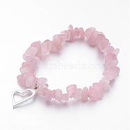 Alloy Charm Bracelets, Heart, with Natural Rose Quartz Chip Beads and Elastic Crystal Thread, Silver Color Plated, 2-1/4 inch(55mm)(BJEW-JB02481-01)
