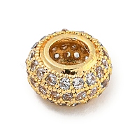 Brass Micro Pave Clear Cubic Zirconia Beads, Rondelle, Real 18K Gold Plated, 8.5x4.5mm, Hole: 3.8mm(KK-G493-49G-02)