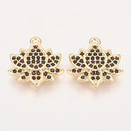 Brass Micro Pave Cubic Zirconia Charms, Lotus, Nickel Free, Real 18K Gold Plated, Black, 13x13x2mm, Hole: 1mm(ZIRC-Q002-108G-01)