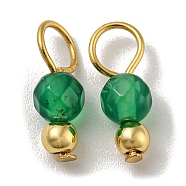Natural Green Onyx Agate Faceted Round Charms, with Golden Tone Brass Beads and 304 Stainless Steel Loops, 12x4mm, Hole: 2.5mm(PALLOY-NH00002)
