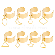 8Pcs 8 Style 304 Stainless Steel Open Cuff Rings Set with Hollow Charms, Star & Oval & Rhombus & Heart & Moon & Triangle, Golden, Inner Diameter: 17~18mm, 1Pc/style(RJEW-AB00002)