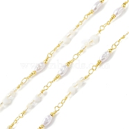 Brass Glass Bead Link Chains with ABS Imitation Pearl Beads, Unwelded, with Spool, Golden, Clear, 19.5~24.5x4.5~6x4~6mm(CHS-P016-39G-04)