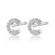 Rhodium Plated 925 Sterling Silver Initial Letter Stud Earrings, with Cubic Zirconia, Platinum, Letter C, 5x5mm(HI8885-03)