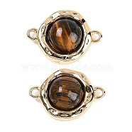 Brass Pave Natural Tiger Eye Flat Round Links Connector Charms, Real 18K Gold Plated, 18x13x5.5mm, Hole: 1.6mm(KK-U043-45G-C)