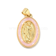 Brass Charms, with Shell, Cadmium Free & Lead Free, Long-Lasting Plated, Oval with Virgin Mary, Real 18K Gold Plated, Pink, 22.5x14x3.5mm, Hole: 3.5x3mm(KK-B059-49G-A)