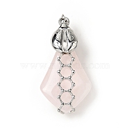 Natural Rose Quartz Pendants, Teardrop Charm, with Stainless Steel Color Plated 304 Stainless Steel Ladybug Findings and Jump Ring, 35~40x18~20x8~10mm, Jump Ring: 4x0.7mm, Inner Daimeter: 2.6mm(G-C246-05P)