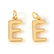 Brass Charms, with Jump Rings, Letter, Real 18K Gold Plated, Letter.E, E: 10x5x1mm, Hole: 2.5mm(KK-I672-01E-G)