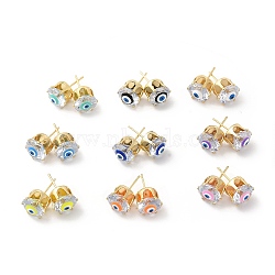 Flat Round Glass with Enamel Evil Eye Stud Earrings, Real 18K Gold Plated Brass Jewelry for Women, Mixed Color, 11mm, Pin: 0.8mm(EJEW-P210-04G-M)