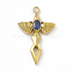 Vacuum Plating 201 Stainless Steel Pendants, with Rhinestone, Real 18K Gold Plated, Sword with Wing Charms, Capri Blue, 44.5x27x6mm, Hole: 3mm(STAS-J401-VC1008)