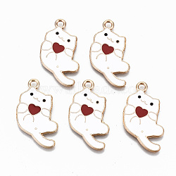 Alloy Enamel Pendants, Cat with Red Heart, Golden, Cadmium Free & Nickel Free & Lead Free, Creamy White, 30.5x16x1mm, Hole: 2mm(X-ENAM-N055-001A-NR)