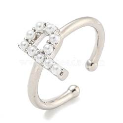 Rack Plating Brass Open Cuff Rings for Women, with ABS Imitation Pearl, Cadmium Free & Lead Free, Long-Lasting Plated, Letter, Letter P, Inner Diameter: 17mm, Letter P: 11.5x7.5mm(RJEW-F162-01P-P)