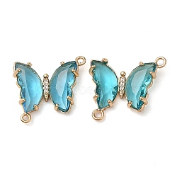 Brass Pave Faceted Glass Connector Charms, Golden Tone Butterfly Links, Dark Turquoise, 20x22x5mm, Hole: 1.2mm(FIND-Z020-04U)
