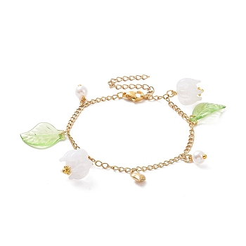 Acrylic Leaf & Flower & Plastic Pearl Charm Bracelet, Golden 304 Stainless Steel Jewelry for Woman, Golden, 6-7/8 inch(17.6cm)