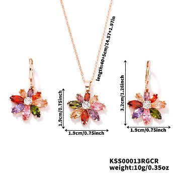 Colorful Glass Flower Jewelry Set, Brass Earrings & Necklaces Set for Women, Golden