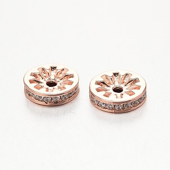 Brass Micro Pave Grade AAA Cubic Zirconia Beads, Disc, Cadmium Free & Nickel Free & Lead Free, Real Rose Gold Plated, 6x3mm, Hole: 1.5mm
