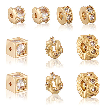 10Pcs 5 Styles Brass Clear Cubic Zirconia Beads, Mixed Shapes, Mixed Color, 5.5~9.5x5.5~9.5x3~6.5mm, Hole: 1.4~3.5mm, 2pcs/style