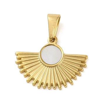 Resin Imitation White Shell Fan Pendants, 304 Stainless Steel Charms, Golden, 17.5x22.5x1.5mm, Hole: 7.8x3.2mm