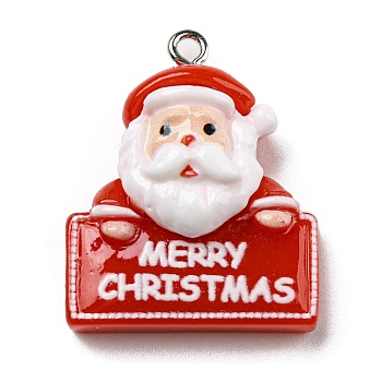 Opaque Resin Pendants, Christmas Charms with Platinum Plated Iron Loops, Santa Claus, 28x23x10mm, Hole: 2mm