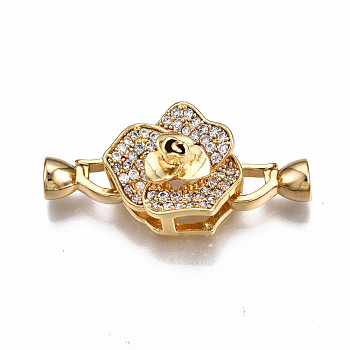 Brass Micro Pave Clear Cubic Zirconia Fold Over Clasps, Nickel Free, Flower, Real 18K Gold Plated, 35mm long, Flower: 17x16.5x11mm, Hole: 9x4mm, Clasps: 12x7x5.5mm, Hole: 3.5mm