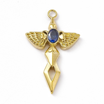 Vacuum Plating 201 Stainless Steel Pendants, with Rhinestone, Real 18K Gold Plated, Sword with Wing Charms, Capri Blue, 44.5x27x6mm, Hole: 3mm