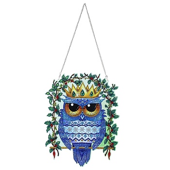Owl Wreath DIY Diamond Painting Door Window Hanging Decoration Kits, including Plastic Pendants, Resin Rhinestones, Diamond Sticky Pen, Tray Plate and Glue Clay, Royal Blue, 300x240mm