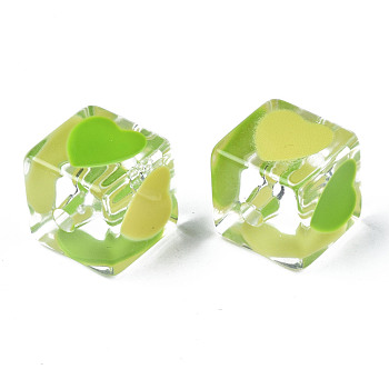 Transparent Acrylic Beads, with Enamel, Cube with Heart, Lime Green, 14.5x14x14mm, Hole: 3mm