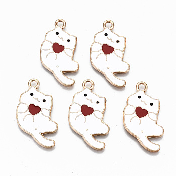 Alloy Enamel Pendants, Cat with Red Heart, Golden, Cadmium Free & Nickel Free & Lead Free, Creamy White, 30.5x16x1mm, Hole: 2mm
