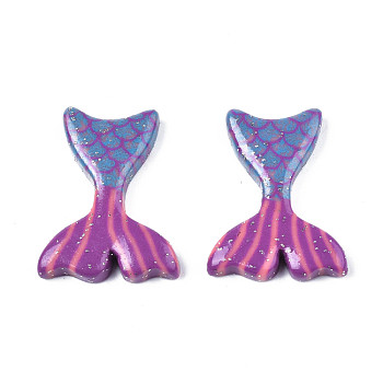 Handmade Polymer Clay Beads, with Glitter Powder, Half Drilled, Mermaid Tail, Purple, 25x19x4mm, Half Hole: 0.9mm