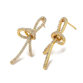 Brass Stud Earrings, Cubic Zirconia Cadmium Free & Lead Free, Bowknot, Real 18K Gold Plated, 32x14.5mm