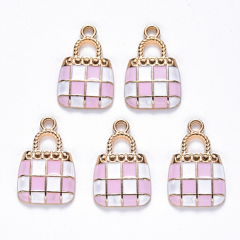Alloy Enamel Pendants, Handbag, Light Gold, Pearl Pink, 21x13.5x3mm, Hole: 2mm