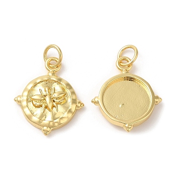 Eco-Friendly Brass Pendants, with Jump Ring, Lead Free & Cadmium Free, Flat Round with Bee Charm, Real 18K Gold Plated, 17x15x3mm, Hole: 3mm