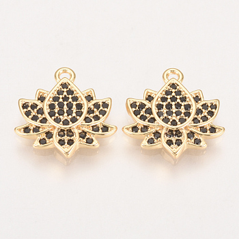 Brass Micro Pave Cubic Zirconia Charms, Lotus, Nickel Free, Real 18K Gold Plated, Black, 13x13x2mm, Hole: 1mm
