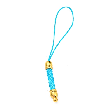 Korean Polyester Thread Pendants Decorations, with Golden Tone Brass Findings, Cyan, 73mm, Hole: 1.6mm