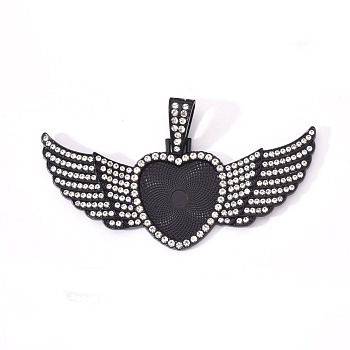 Alloy Pendant Cabochon Settings, with Crystal Rhinestone, Cadmium Free & Lead Free, Heart with Wing, Electrophoresis Black, Tray: 23x25mm, 38.5x88x5mm, Hole: 16x6mm