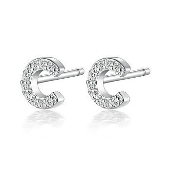 Rhodium Plated 925 Sterling Silver Initial Letter Stud Earrings, with Cubic Zirconia, Platinum, Letter C, 5x5mm