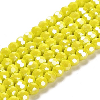 Electroplate Opaque Glass Beads Strands, Faceted(32 Facets), Pearl Luster Plated, Round, Yellow, 6mm, Hole: 1mm, about 98~100pcs/strand, 20.39~20.59 inch(51.8~52.3cm)
