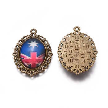 Alloy Glass Pendants, Oval with Union Jack Pattern, Antique Bronze, 39x29x6mm, Hole: 2mm
